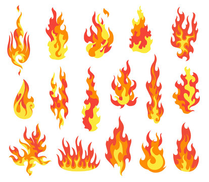 Set of red and orange fire flame. Flames of different shapes. Fireball set, flaming symbols. Idea of energy and power. Collection of hot flaming element. Vector icons in cartoon style
