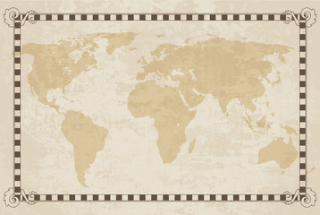 Obraz na płótnie Canvas Old world map. Vector paper texture with border frame. Vintage vautical compass. Retro design banner. Decorative antique museum picture with border