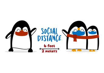 Fototapeta premium Social Distancing 6 feet away with three Penguins - Awareness lettering phrase. Stop Covid-19 poster with text for self quarantine times. Hand letter script motivation sign catch word art design.