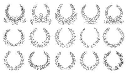 Laurel wreath. Collection of different black circular laurel, olive, wheat wreaths depicting an award, achievement, heraldry, nobility. Vector premium insignia, traditional victory symbol
