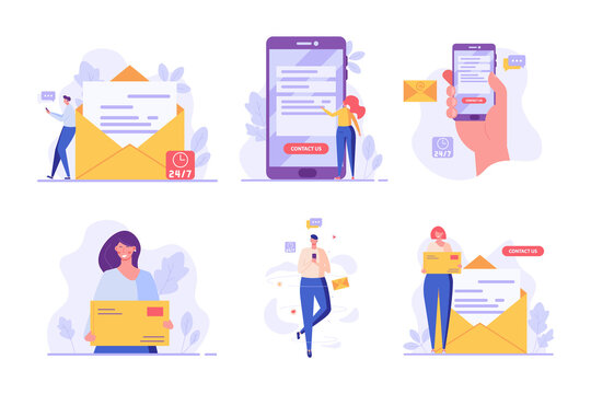 Mail Service Set. People Using Mobile Phone And Writing Mail. Contact Us Banners. Collection Of Online Support, Customer Support, E-mail Marketing. Vector Illustration For UI, Web Banner, Mobile App