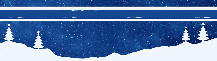 Winter / Christmas background banner panorama - Snow landscape with Christmas trees and snowflakes, isolated on blue texture, with empty blue banner, illustration