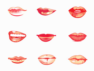 Woman's lip set. Girl mouths close up with red lipstick makeup.