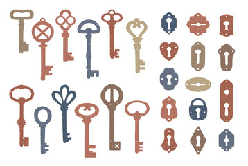 Vintage colorful keys and keyholes collection.
