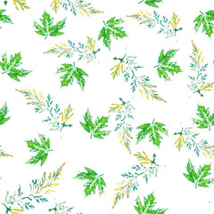 Fototapeta na wymiar Set leaves green yellow watercolor, branches, seamless pattern, postcard, white background, textile, wallpaper