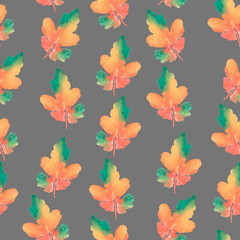 Leaves orange green watercolor, seamless pattern, postcard, grey background,  textile, wallpaper