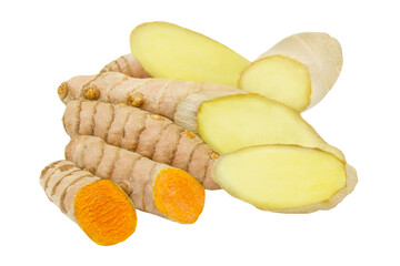 Curcuma and ginger roots isolated against white background