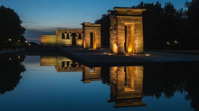 Madrid, Spain, timelapse view of historical landmark Temple of Debod at dusk. 