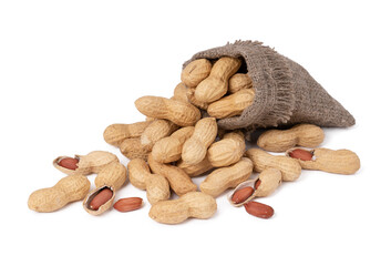 dried peanuts in a hemp bag on a white background close up