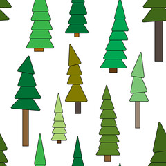 Fir tree green, set pine,cartoon forest, children seamless pattern, holiday postcard, white background, textile, wallpaper