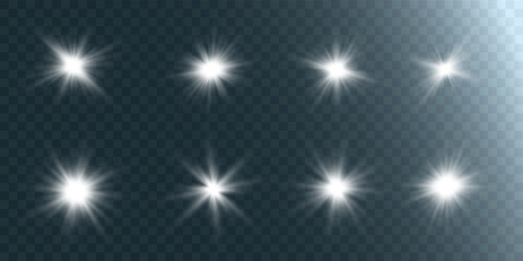 White glowing light explodes on a transparent background. Bright Star. Transparent shining sun, bright flash. Vector graphics.	