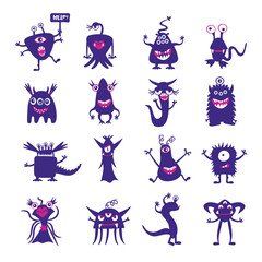 Obraz premium Cute black monster set, isolated on white background, cartoon monsters, doodle style, vector illustration.
