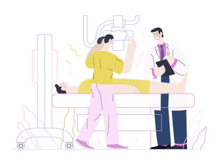 Medical tests template - x-ray test - modern flat vector concept digital illustration of x-ray procedure - a patient and doctors with a x-ray machine, medical office or laboratory