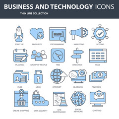 Set vector icons with elements for mobile concepts and web apps. Business and marketing, programming, data management, internet connection, social network, computing, information. Vector	

