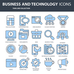 Set vector icons with elements for mobile concepts and web apps. Business and marketing, programming, data management, internet connection, social network, computing, information. Vector	
