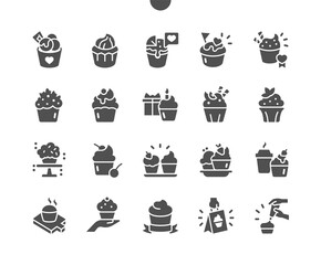 Sweet different cupcakes. Muffin. Party food, birthday dessert. Bakery pastry. Menu for restaurant and cafe. Vector Solid Icons. Simple Pictogram