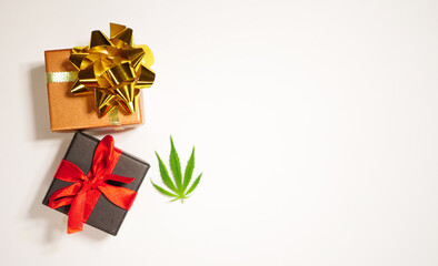 Holiday postcard with cannabis leaf isolated. Buy marijuana online banner. Celebrating new year. CBD oil gift. Copy space