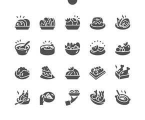 Plates with different food. Ceramic dishes pile. Restaurant kitchen. Menu for restaurant and cafe. Vector Solid Icons. Simple Pictogram