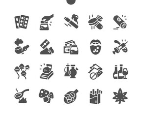 Obraz premium Drugs. Drugs abuse. Syringe for injection. Social disaster. Fight drugs. Cocaine or other illegal drugs, white powder, syringe. International drug abuse day. Vector Solid Icons. Simple Pictogram