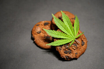 Cannabis leaf. Chocolate cookies. Marijuana food. Medical weed edibles. CBD oil. Copy space