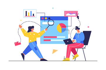 A guy and a girl are keeping statistics on a large virtual screen, a girl with a magnifying glass, a guy behind a laptop isolated on a white background, flat vector illustration