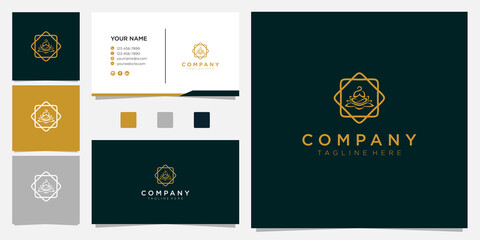 Stylized human yoga shape in abstract lotus symbol. Vector icon with business card premium