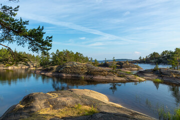 beautiful landscape of green, natural trees, plants, stones on an island surrounded by a natural reservoir, lake against a blue sky in Karelia, Russia