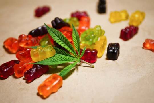 Cannabis infused gummy bears. Medical CBD candies. Mixed colors. Marijuana leaf. Alternative medicine. Anxiety therapy.