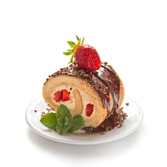 Cake Roulade with chocolate and strawberries on the white background