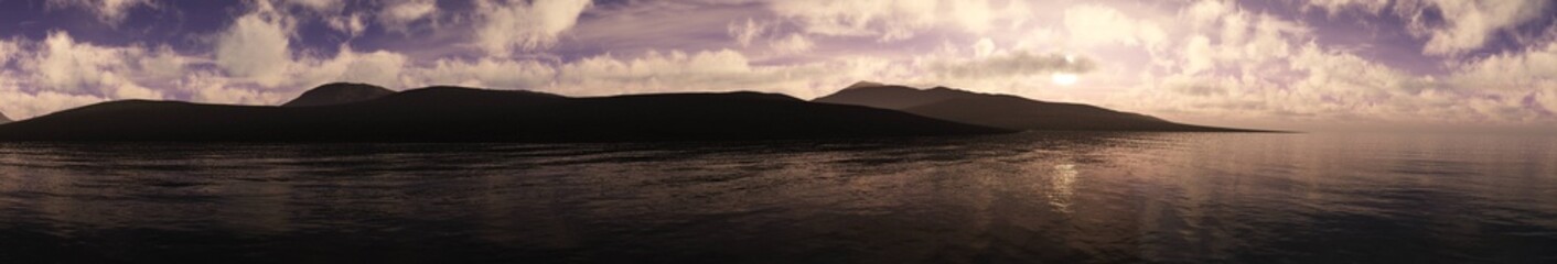 Panorama of the sea coastline at sunset, 3D rendering
