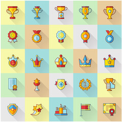 Trophy and awards flat colorful icons set.