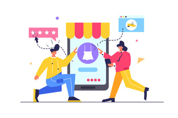 Guy and girl choosing product in mobile store on big mobile phone isolated on white background, flat vector illustration