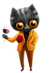 Happy cat character with a glass of wine, yellow suite with flower. digital illustration