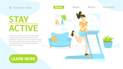 Sport Landing Page Layout. Online Personal Trainer and Fitness Coach. Indoor Physical Activity. Fitness Website Homepage. Design for banner, flyer or brochure. Cartoon Flat Vector Illustration.