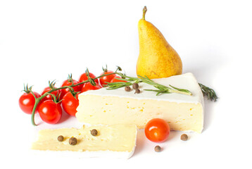 Brie cheese with cherry tomatoes, white wine, pear and rosemary