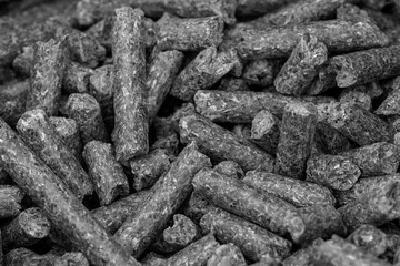 Pellet Production, wood-pellet. Alternative fuel source. Concept Biofuel. Pellets sunflower. pressed sunflower waste