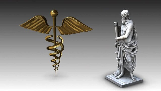 Asclepius statue rotation Dx whit Caduceus - 3D model animation on a white background