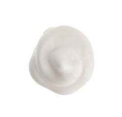 Cream sample on white background, top view. Cosmetic product