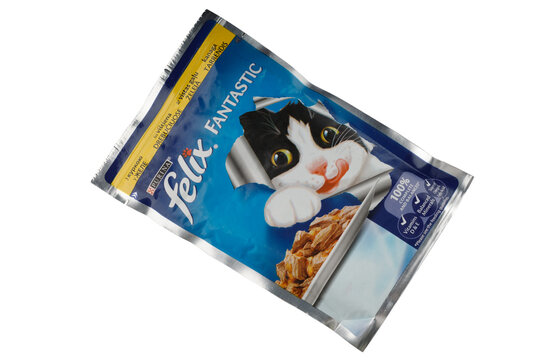 LVIV, UKRAINE - September 22, 2020: Felix cat food on a white background