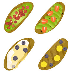 Set of avocado and blueberry toasts. Healthy breakfast