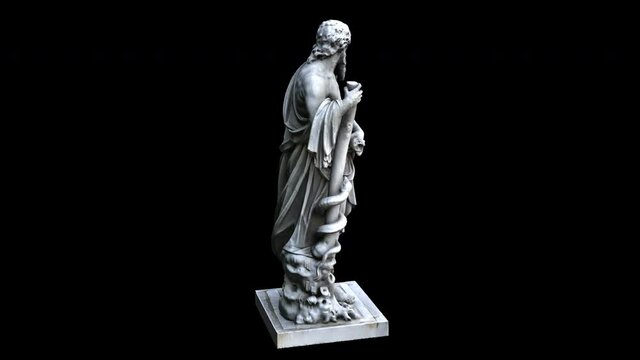 Asclepius statue rotation loop - 3D model animation on a black background