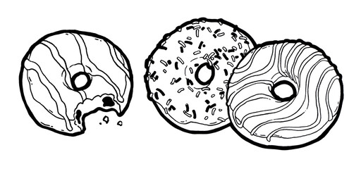 Sketchy Donuts With Sprinkles. Black and white linear graphic, hand drawing. Menu for cafe, restaurant, street festival, farmers market