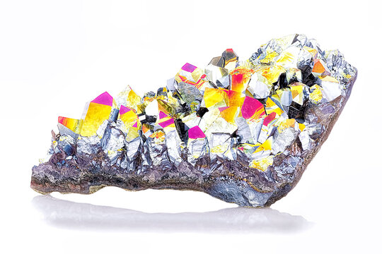 Amazing colorful flashing Quartz Rainbow Titanium Aura crystal cluster closeup isolated on white background.
 Macro of beautiful rare sparkly rainbow mineral stone