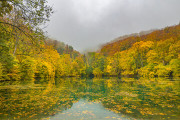 Beautiful dramatic view of autumn forest over clouds and fog. Fall season nature landscape, amazing colors, orange yellow golden leaves. Dream autumn nature scenery calm lake water reflection, foliage