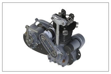 3D design of a motorcycle engine with exploded view.