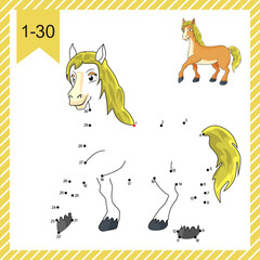 Dot to dot. Funny Horse. Logic Game and Coloring Page with answer. Connect the dots by numbers and finish draw the cartoon cute Pony. Education worksheet for kids practicing count numbers to 30.