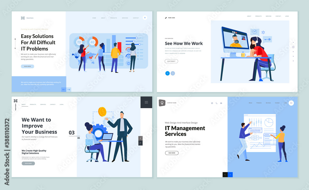 Wall mural set of website template designs of it management, video call, business strategy, business analysis a