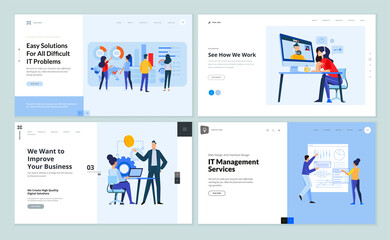 Set of website template designs of IT management, video call, business strategy, business analysis and services. Vector illustration concepts for website and mobile website development. 