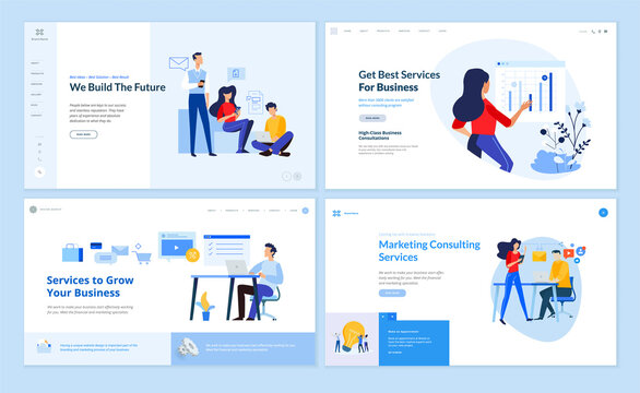 Set of website template designs of e-commerce, marketing consulting, e-business, startup. Vector illustration concepts for website and mobile website development. 