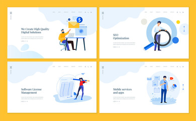 Set of website template designs of social network, internet marketing, SEO, mobile services and apps, software license manage. Vector illustration concepts for website and mobile website development. 